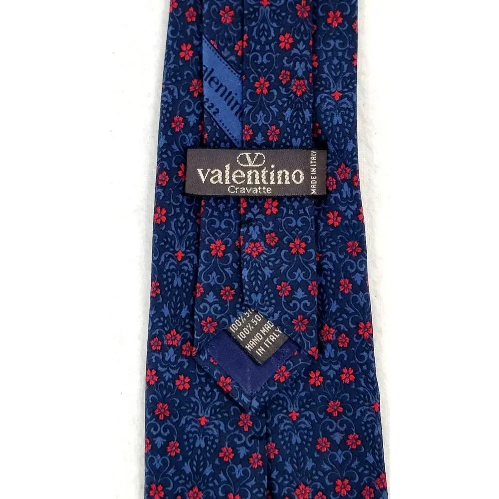 Vintage Valentino Cravatte Silk Tie Blue Red Floral Made in Italy Designer